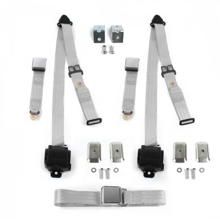 safeTboy Gray & Grey Retractable Bench Seat Belt Kit with Bracketry for 1966-1973 Jeep Jeepster Airplane 3 Point - 3 Belts