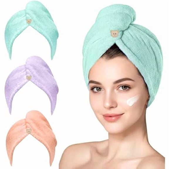 Fu997 3 Pack Microfiber Hair Towel Wrap for Women, Fast Drying Hair Turban with Button, Anti-Frizz Large Hair Towel for All Hair Styles, Soft & Absorbent Hair Drying Towel