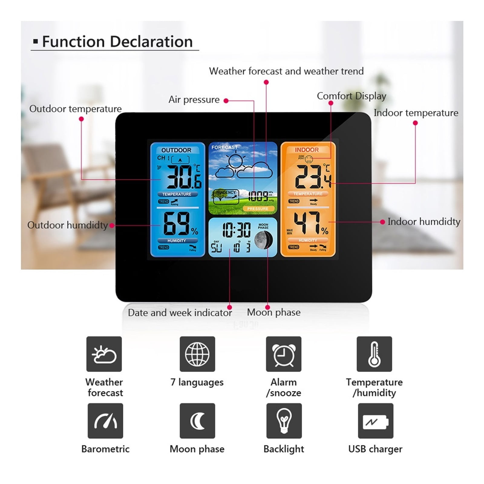 Weather Station Thermometer Hygrometer Barometer Alarm Clock Weather Forecast Wireless Sensor - WOOD