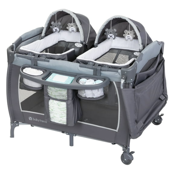 Baby Trend Lil Snooze Deluxe III Nursery Center Playard for Twins with Travel Bag, Cozy Grey