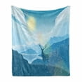 thumbnail image 1 of Winter Soft Flannel Fleece Blanket, Deer Along Antlers on Seasonal Mountain Valley Meadow Sunset Landscape, Cozy Plush for Indoor and Outdoor Use, 60" x 80", Petrol Blue Pale Yellow, by Ambesonne, 1 of 5