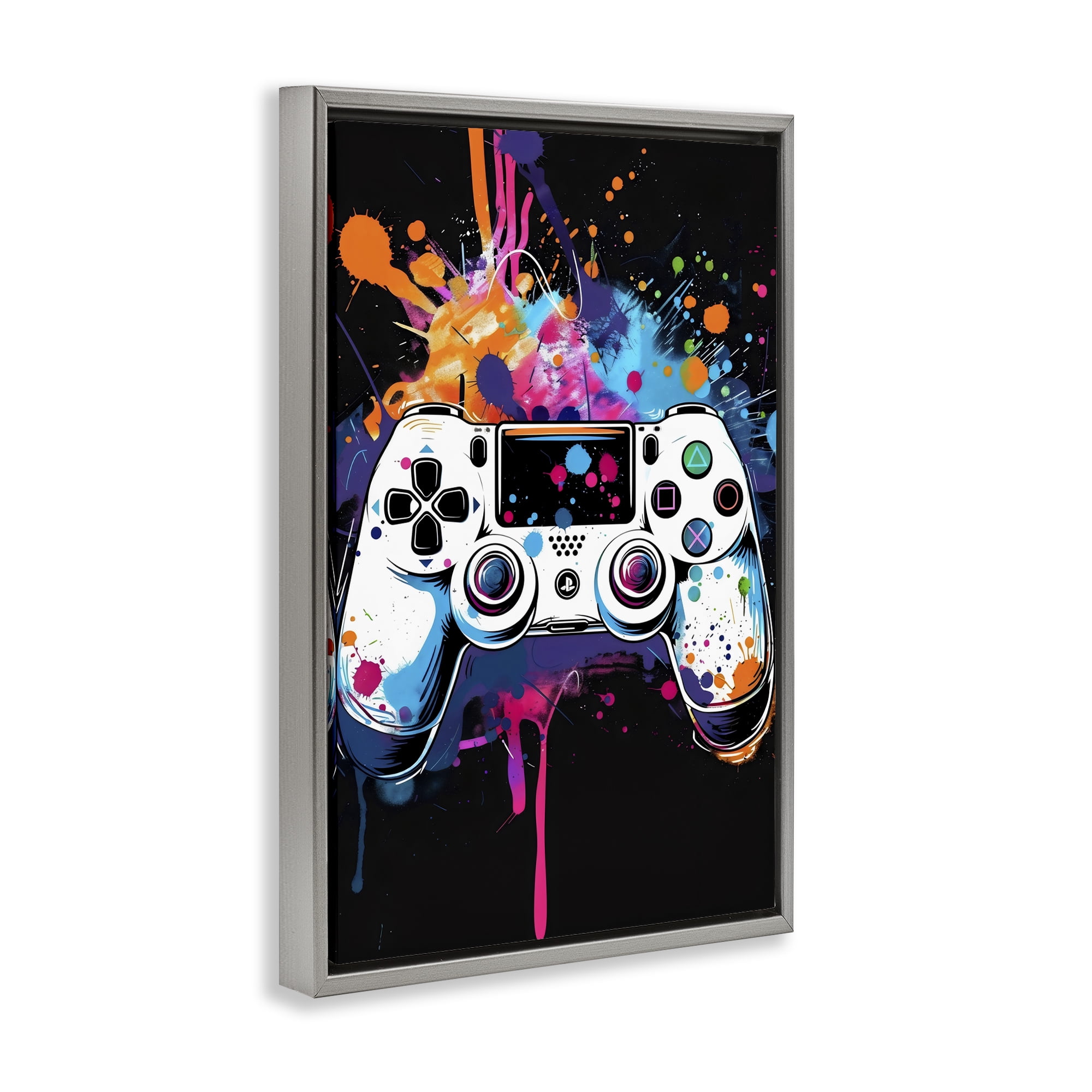 Stupell Industries Controller Contrast with Neon Splatter Gray Framed Floater Canvas Wall Art, design by Creative Studio