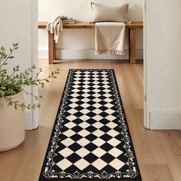 RUG ROBOT 2' x 6' Runner Rug for Hallway, Non Slip Washable Checkered Rug for Kitchen, Black Neutral Bathroom Home Decor Plaid Diamond Low Pile Print Carpet for Entryway Bedroom Laundry
