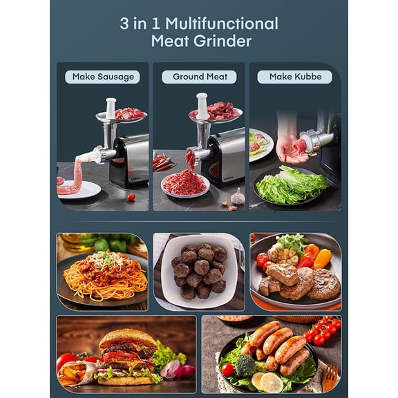 Electric Meat Grinder, Sausage Stuffer with 3 Sausage Tubes, 2 Blades, 3 Plates, 3200W Max, Meat Grinder Heavy Duty for Home Kitchen Use, Stainless Steel (Black)