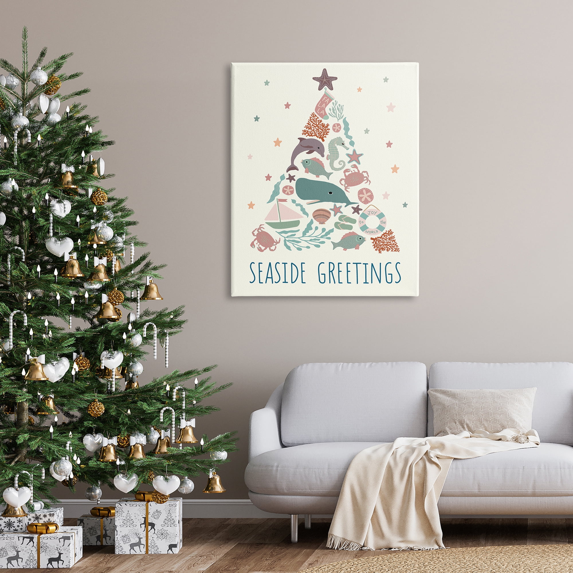 Seaside Greetings Aquatic Animals Botanicals Christmas Tree Coastal Graphic Art Gallery-Wrapped Canvas Print Wall Art