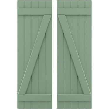 Ekena Millwork 17 1/2"W x 42"H Americraft Five Board (2 Batten) Exterior Real Wood Joined Board-n-Batten Shutters w/ Z-Bar (Per Pair), Track Green