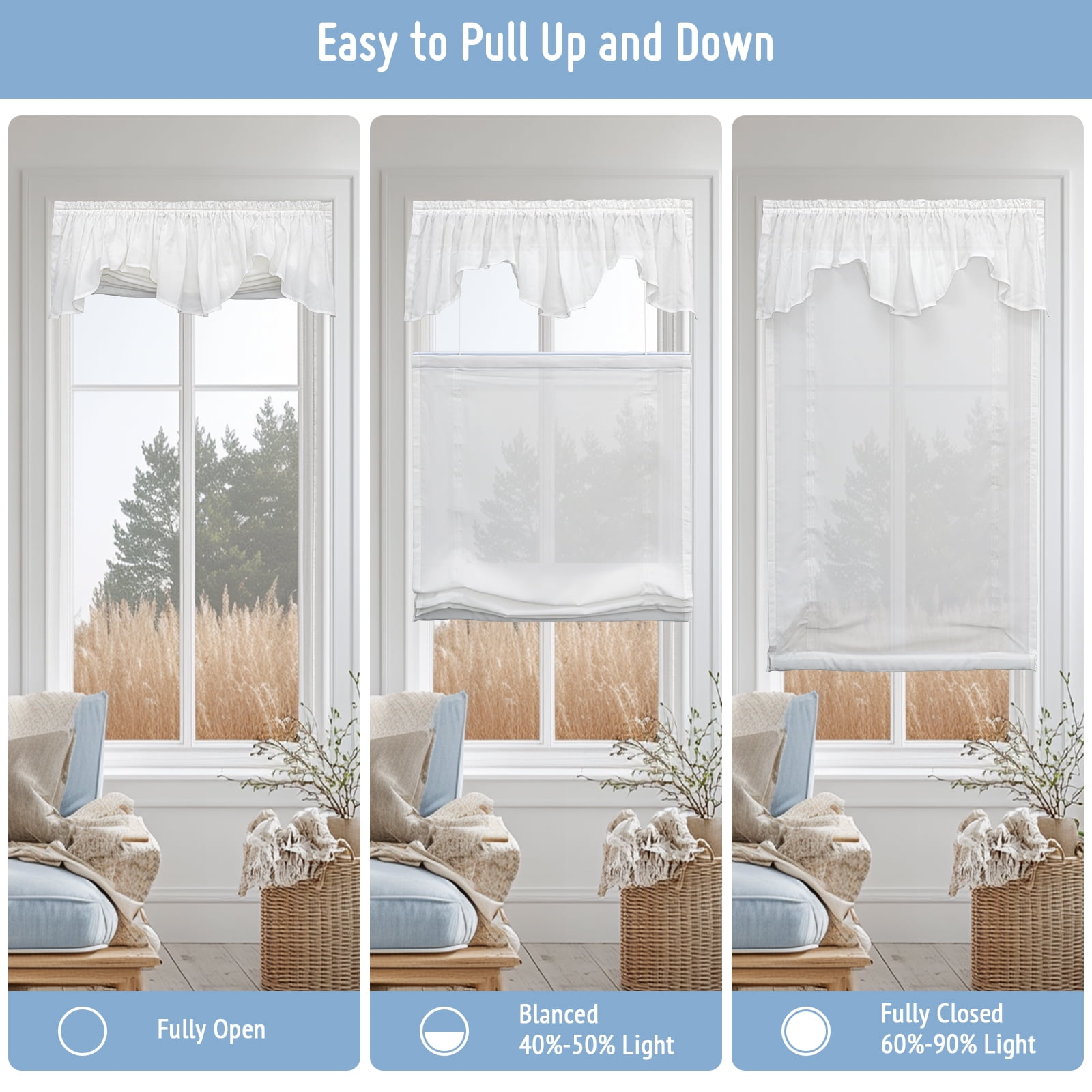 Keego No Drill Top Down Bottom Up Roman Shades for Windows Shades Light Filtering Cordless Roman Shades, Sheer Roman Window Blinds for Home (White, 27"W x 36"H)