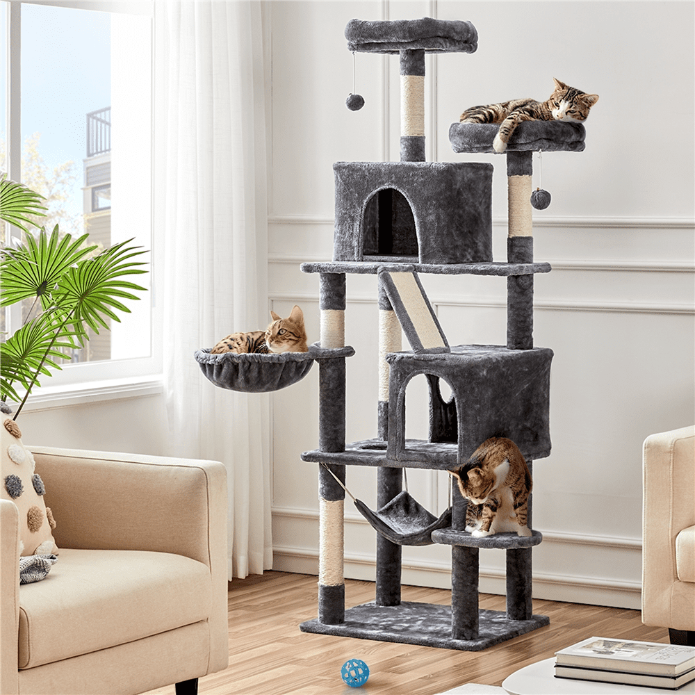 Alden Design 71.5″ H Multi-Level Large Cat Tree with 2 Cozy Perches and 2 Condos, Dark Gray