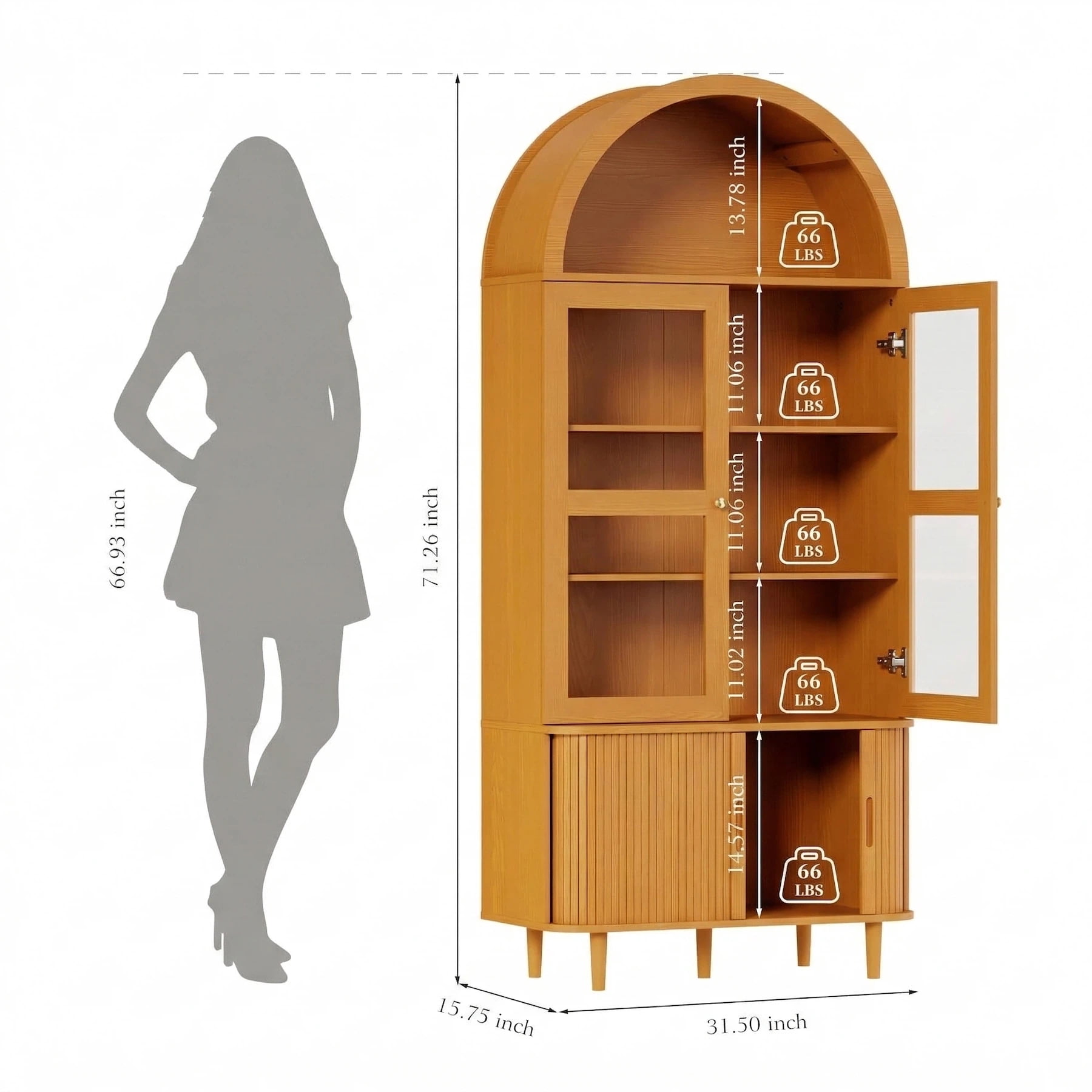 Aisword 71" Tall Arched Bookcases, 5-Tier Modern Farmhouse Bookshelf with Adjustable Shelves & Sliding Doors, Wood Display Storage Cabinet for Living Room, Office, Yellow Withdoors