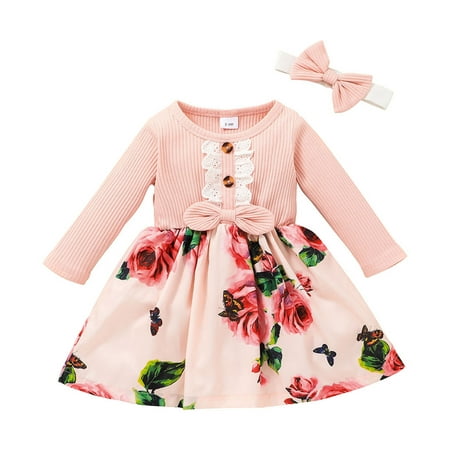

ZMHEGW Bow Dress Splice Party Princess Baby Floral Toddler Kid Ribbed Ruffled Girls Girls Dress Skirt