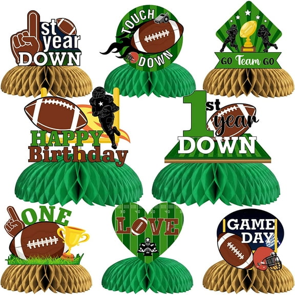 8Pcs 1st Year Down Football Honeycombs Centerpieces, Sage Green Sports Game Day Table Decorations for First Birthday, Foam Sports Balls Table Supplies for One Year Old Boy
