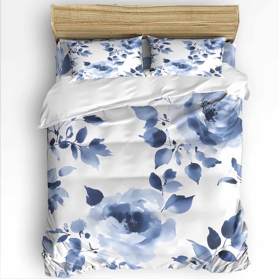 Blue Floral Twin Size Comforter Set, Watercolor Spring Blue Flowers Leaves Pastoral Soft Bedding for All Seasons, 4 Pcs Bed Set with 1 Comforter (68"x86") ,1Sheet(66"x116"), 2 Pillowcases (19"x29")