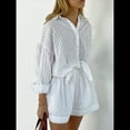 thumbnail image 4 of Conjuntos de Verano de 2 Piezas para Mujer: Camisetas A Rayas con Mangas Abullonadas y Botones, Pantalones Cortos A Juego y Conjuntos Casuales L, 4 of 10