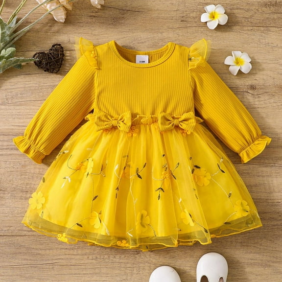 HOMADLES Girls Dress Long Sleeve Solid Soft Clothing Casual Dress for Girls Soft Mesh Comfortable Dress Yellow 9