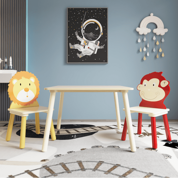 CoSoTower Kids Table and 2 Chairs Set, 3 Pieces Toddler Table and Chair Set, Wooden Activity Play Table Set (Lion&Monkey)