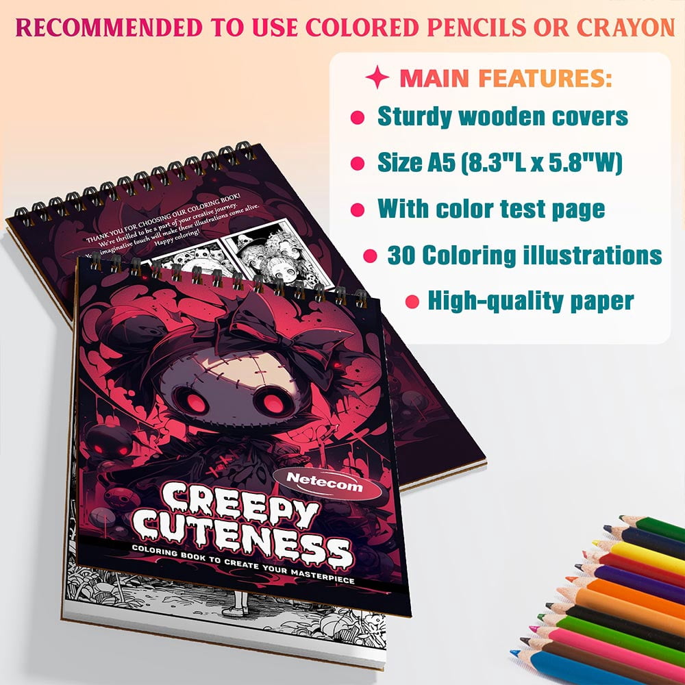 Netecom Creepy Cuteness Coloring Book Spiral Bound For Adults, A5 Wooden Cover, 30 Whimsical Coloring Pages of Adorably Spooky Creatures for Stress Relief and Relaxation