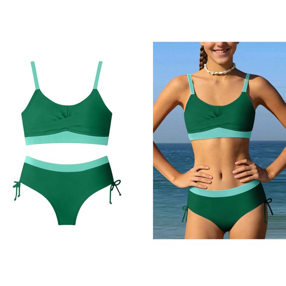 Two Piece Girl Swimsuit Bikini Sets Beach Color Block Bathing Suit Girls Cute Summer Bathing Suits Girls Swimsuits Size 11-12Y