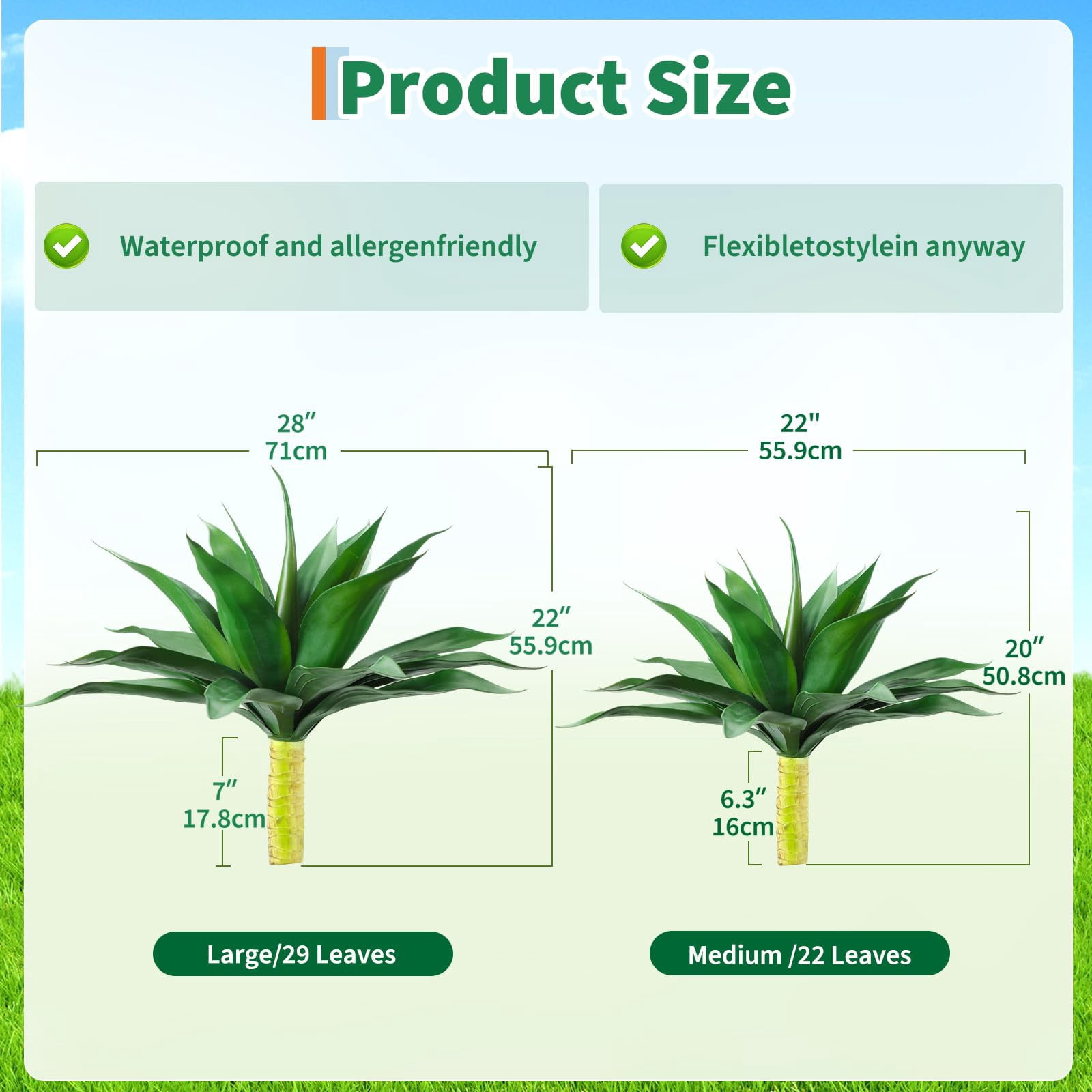 2 PCS Large 28 Inch Artificial Agave Plant Set, UV Resistant Realistic Fake Agave Plants Without Pot for Indoor Outdoor Decor, Faux Succulents Greenery for Home, Room, Garden Decor, Green