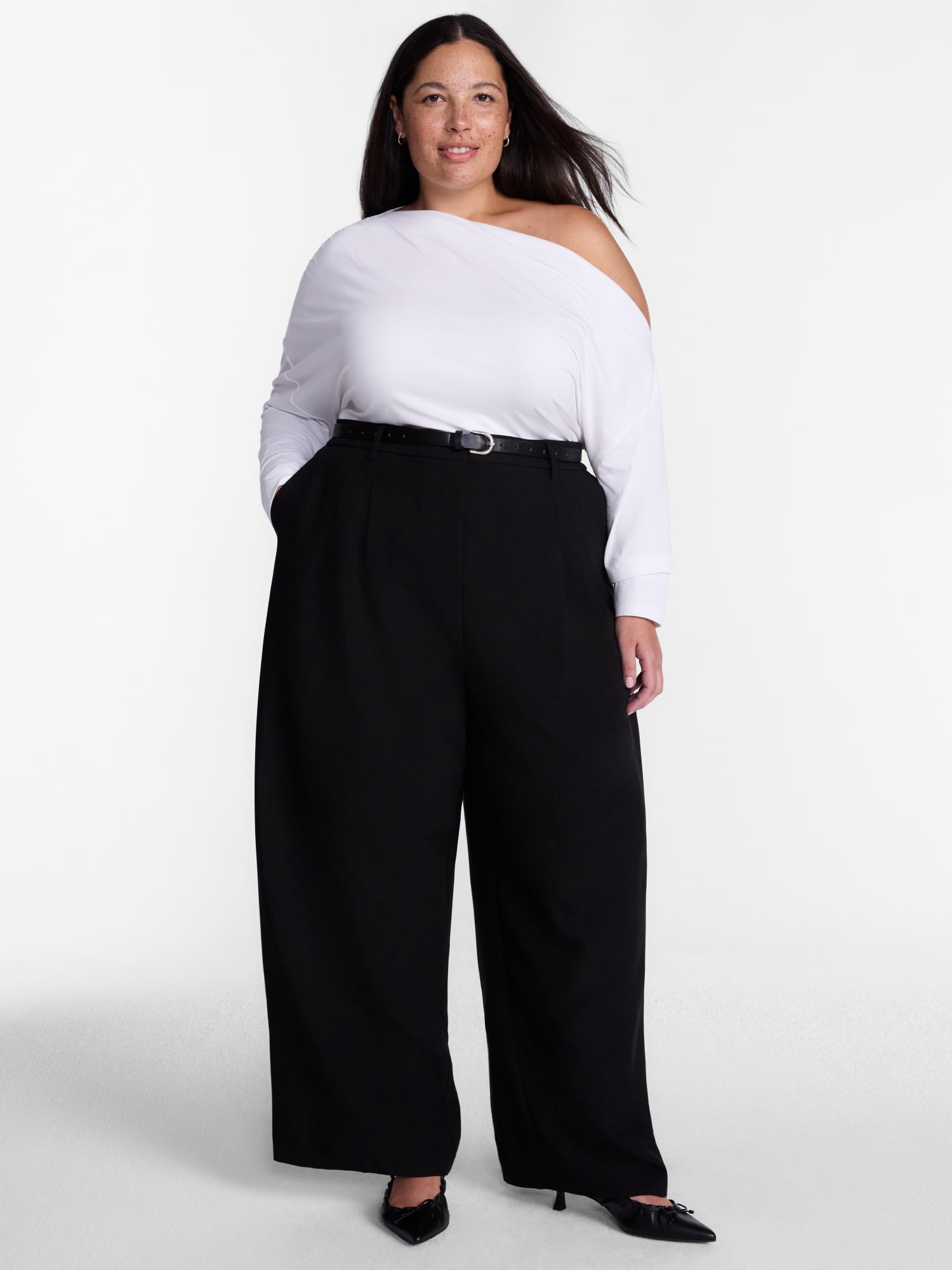 Terra & Sky Women’s Plus Asymmetrical Pleated One Shoulder Top with Long Sleeves, Sizes 0X-5X
