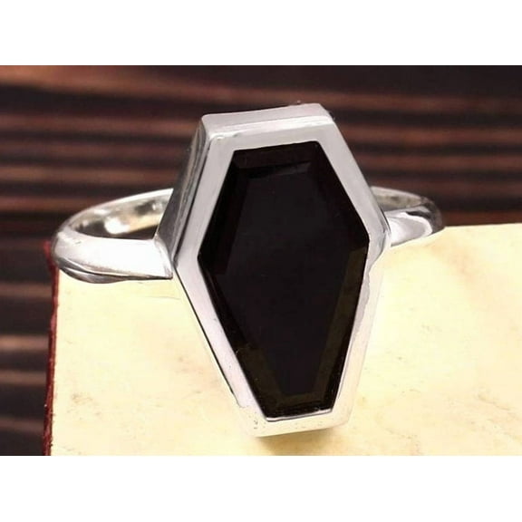 Vintage Black Onyx Engagement Ring Coffin Shaped Ring Sterling Silver Statement Ring Art Deco Halloween Ring For Women Anniversary Ring Gift