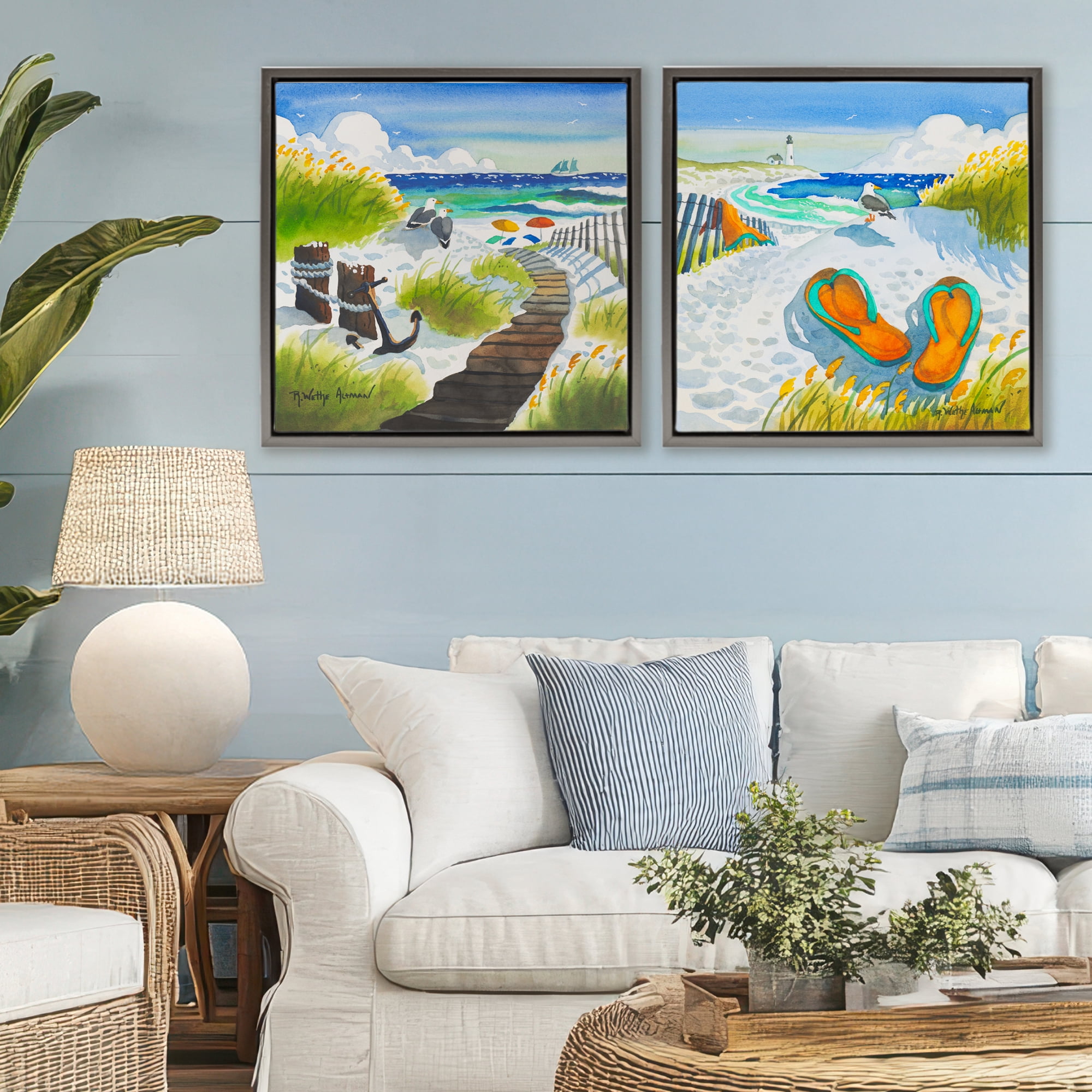 Stupell Industries Boardwalk Through Beach Scenery 2 Piece Gray Framed Floater Canvas Set, design by Robin Altman
