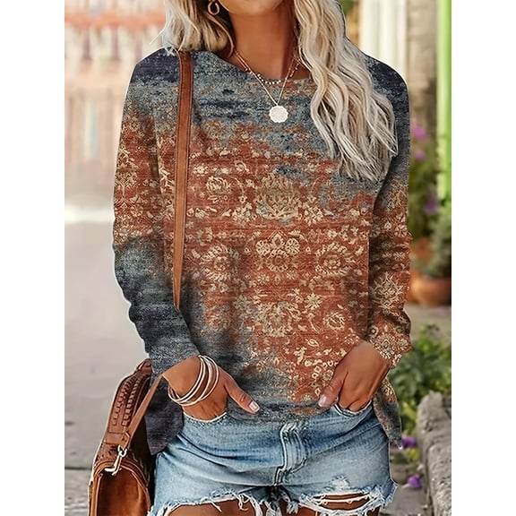 MORTTIC Women's Fashion Allover Print Long Sleeve T-Shirt, Soft Crew Neck Casual Tee for Everyday Wear