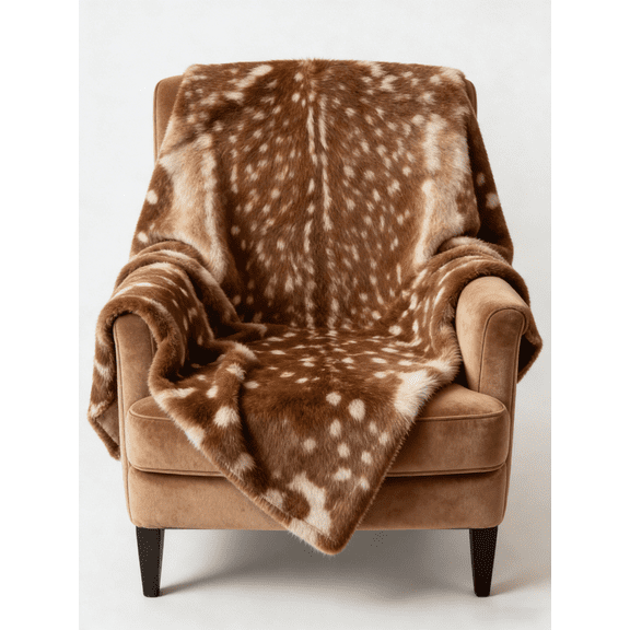 Faux Fur Deer Print Throw Blanket, 60" x 80" Soft Plush Flannel Blanket, Rustic Cabin Wildlife Fawn Spotted Pattern, Cozy Warm Lightweight Blanket for Couch, Bed, Sofa, Camping