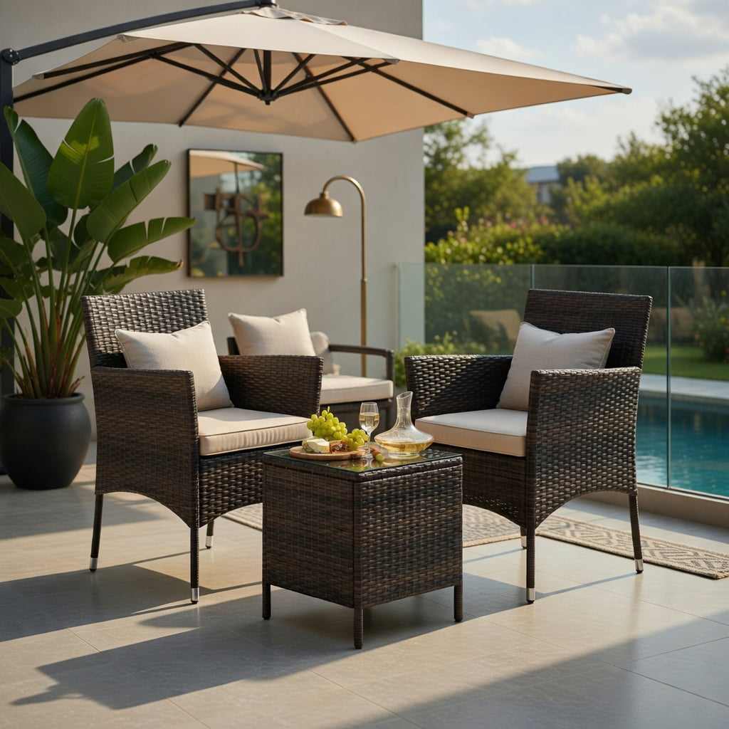 Hommoo 3-Piece Outdoor Wicker Conversation Set, Cushioned Patio Chairs + Tempered Glass Square Coffee Table, PE Rattan, Heavy-Duty Metal Frame, Brown