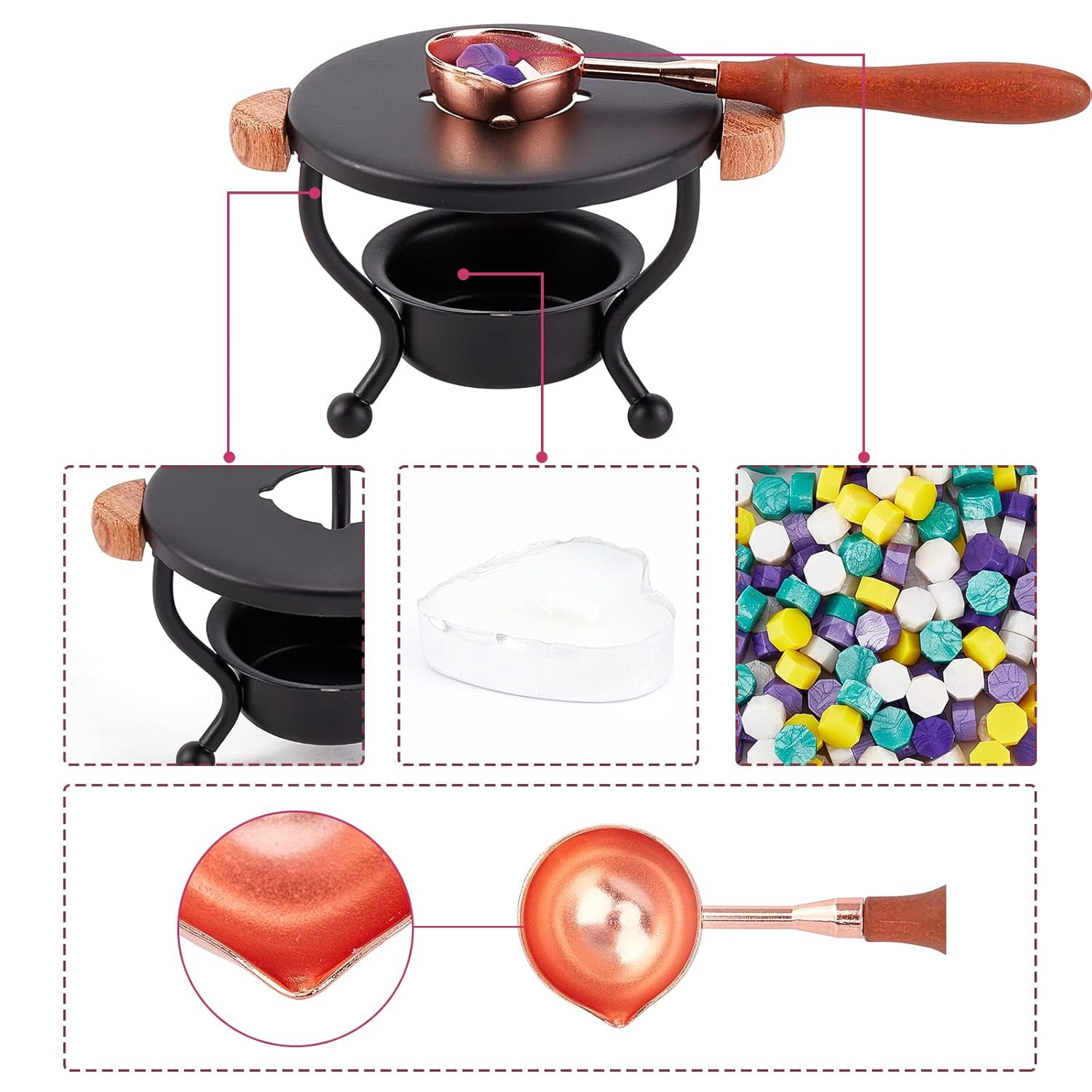 Sealing Wax Kit Iron Wax Furnace with 2 Box 600pcs Sealing Wax Beads 1pc Wax Spoon 6pcs Heart Candles 4pcs Pen Wax Seal Warmer Melting Kits for Wedding Invitation Mixed Color 1set
