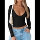 thumbnail image 1 of Tops de Escote en V Profundo para Mujer, Camisetas de Larga A , Camisetas de Punto Ajustadas, Camisetas de Moda de Otoño para Salir, Ropa Negro S, 1 of 7