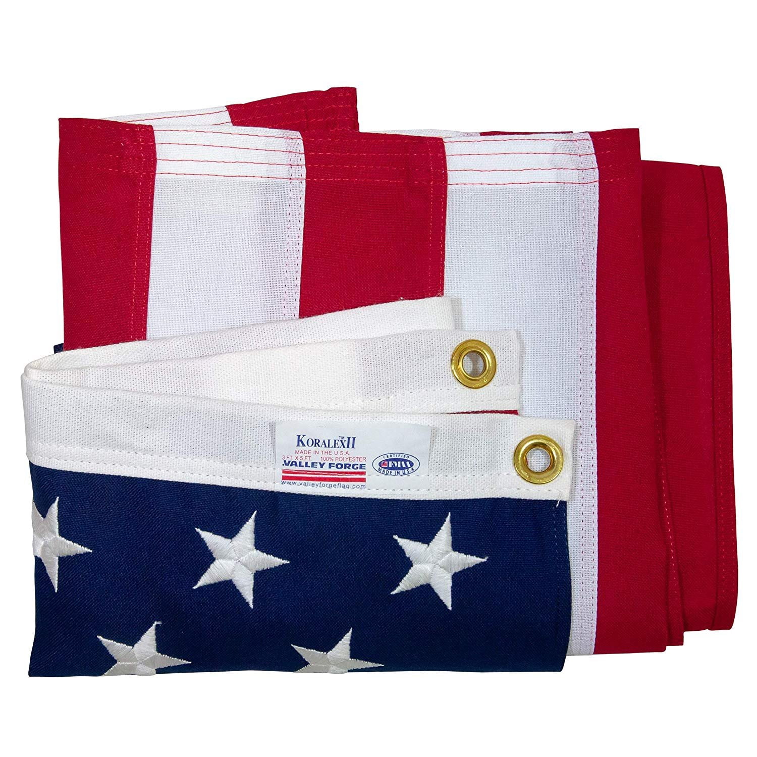 Valley Forge, American Flag, Spun Polyester 2-Ply, 3'x5', 100% Made in USA, Heavy-Duty Brass Grommets