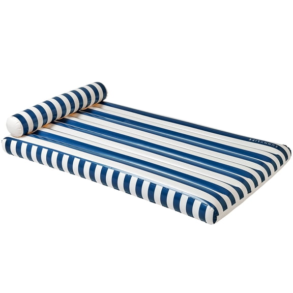 Sunnylife: Luxe Lilo - Marine Stripe - 70 x 41" Navy Inflatable Pool Float, Bolster Headrest & Sides, Lay-Flat Lounger, Beach-Water Play, Teen-Adult