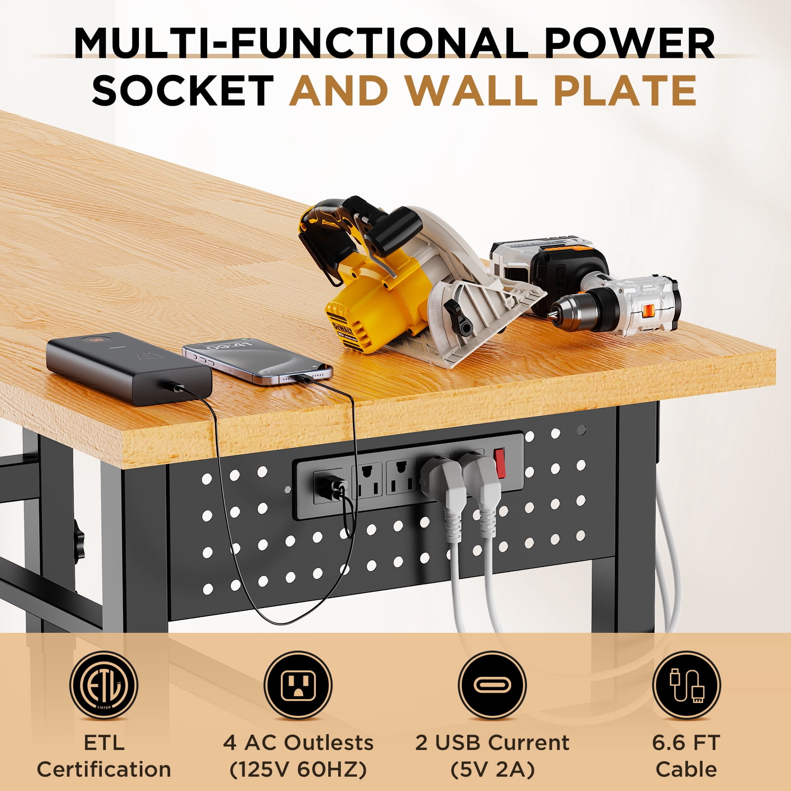 96" Adjustable Workbench with Side Pegboard, Solid Wood Top, 2000 lbs Capacity, Adjustable Height Garage Work Table with Power Outlet, Storage Box, Wheels or Leveling Feet