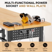 96 Adjustable Workbench with Side Pegboard, Solid Wood Top, 2000 lbs Capacity, Adjustable Height Garage Work Table with Power Outlet, Storage Box, Wheels or Leveling Feet