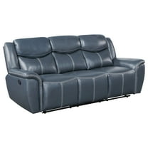 Eleni Manual Recliner Sofa, Drop Down Table, Blue Faux Leather, 88 Inch