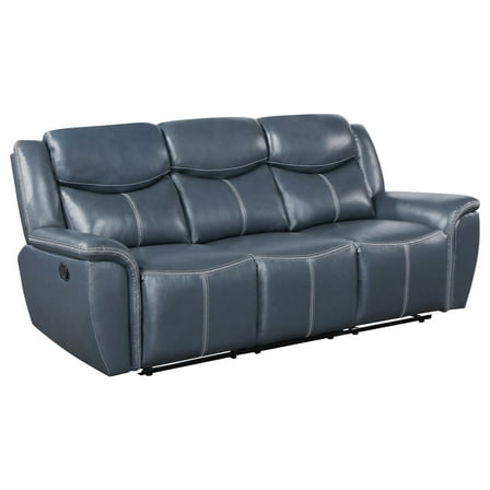 Eleni Manual Recliner Sofa, Drop Down Table, Blue Faux Leather, 88 Inch