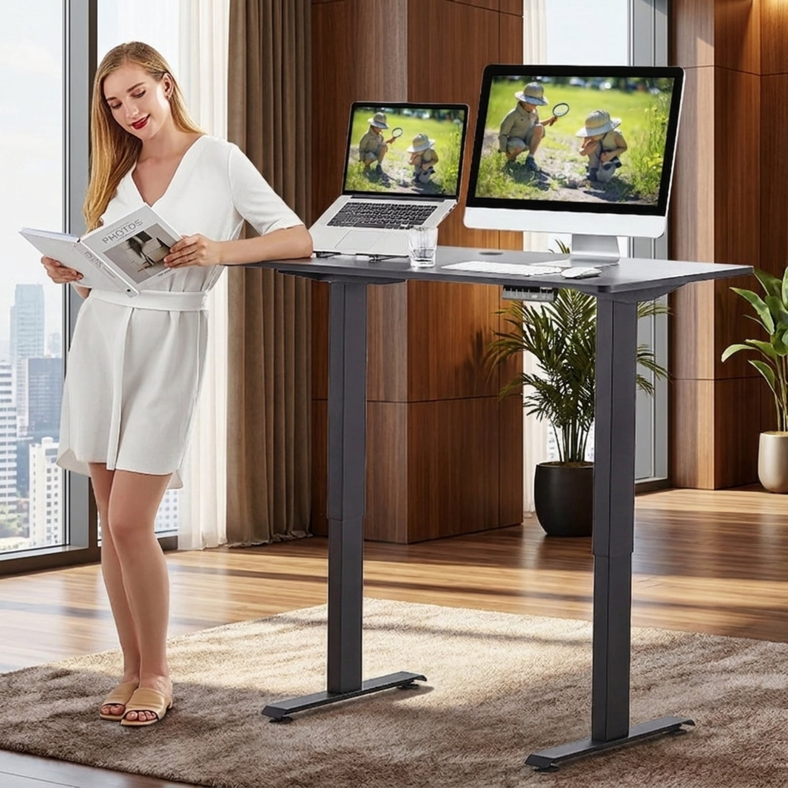 Furnibear Electric Standing Desk with Memory Controller, Height Adjustable Sit Stand Home Office Computer Desk with Cable Management, Black