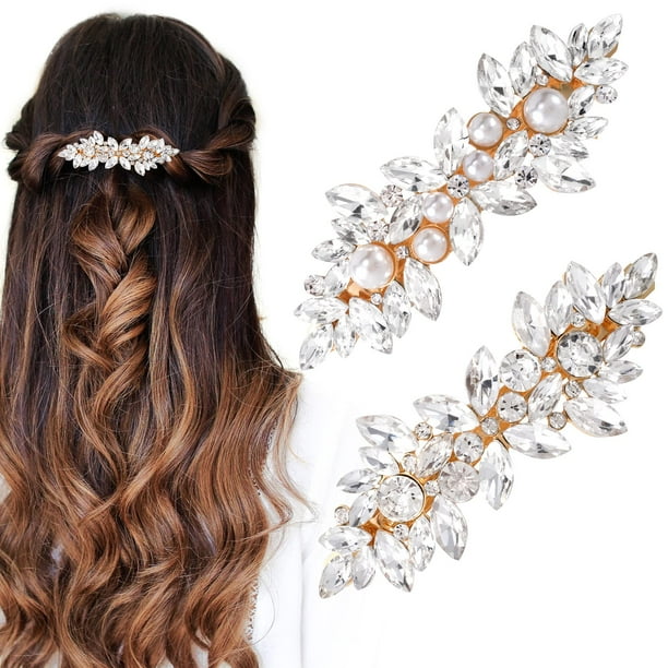 HINZIC 2 pinzas para el pelo con diamantes de imitación, pasadores para el pelo con perlas de cristal brillantes, pasadores para el pelo para bodas, bailes formales, accesorios para cabello largo y gr