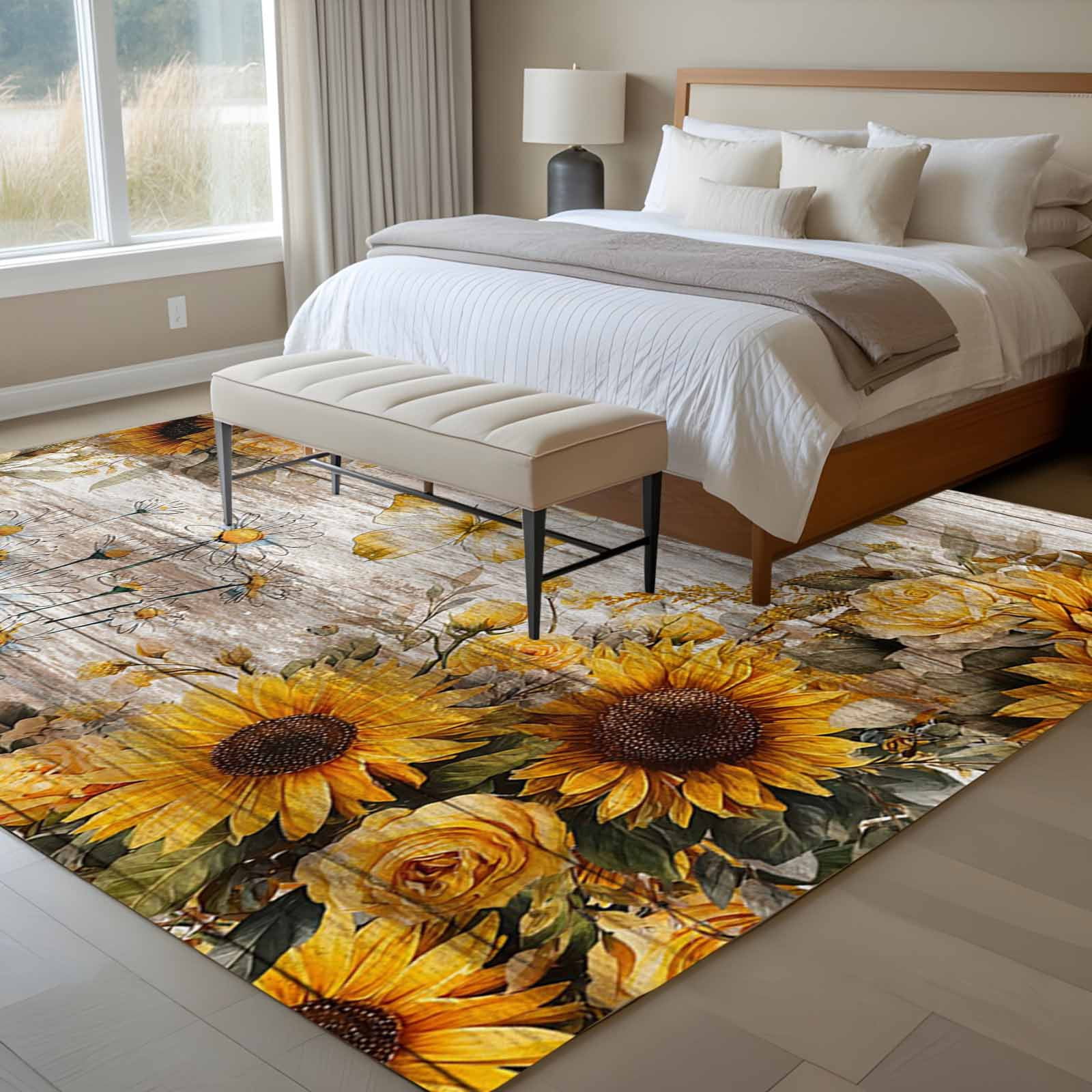 Large Area Rugs for Living Room Bedroom, Farmhouse Sunflower 5'x8' Rug Washable Carpet Runner Indoor Outdoor, Vintage Daisy Butterflies Rustic Wood Non Slip Floor Mats Rug for Kitchen, Bathroom