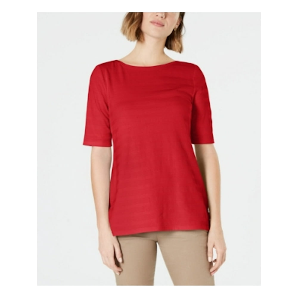 Charter Club - CHARTER CLUB Womens Red Textured Striped 3/4 Sleeve