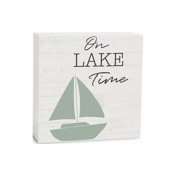 On Lake Time White Woodgrain Boat 5 x 5 Wood Tabletop Sign Plaque