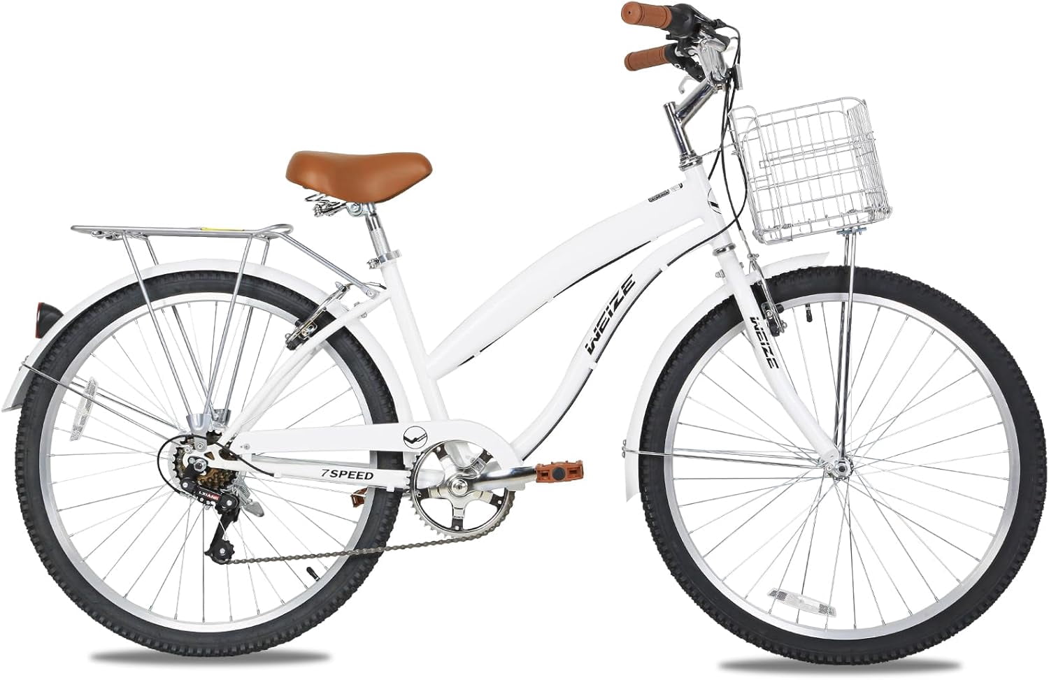 WEIZE Beach Cruiser Bike 26 inch Commuter Bicycle 7 Speed City Bike for Adult Men Women Off-Road Cycling Bicycle with Front Basket Rear Rack, White