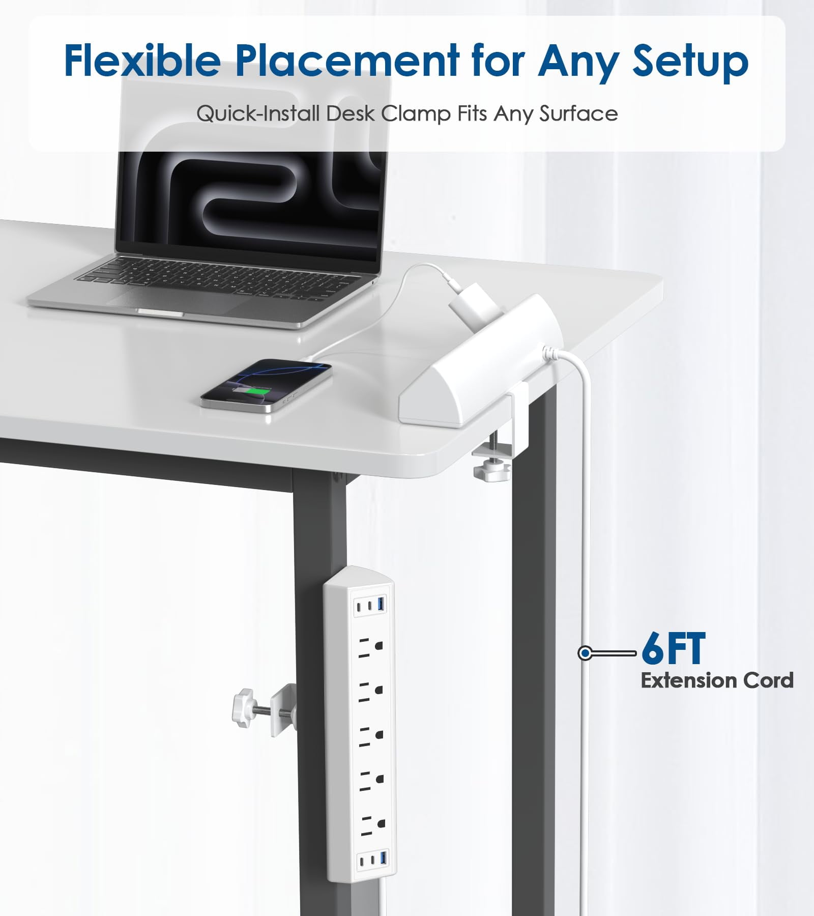 VILONG Desk Clamp Power Strip with USB-C & USB-A Ports–Desktop Edge Mount Surge Protector Power Strip with 5 Outlets–Clamp-on Desk Mounted Power Station for Office Standing Desk,White