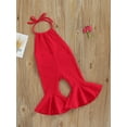 thumbnail image 3 of Toddler Girl Halter Sleeveless Romper Solid Color Ribbed Bell Bottom Jumpsuit, 3 of 8