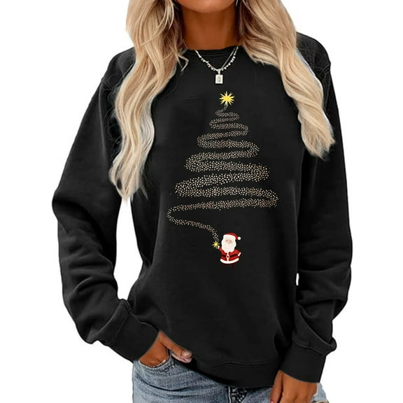 Merry Christmas Sweatshirt Santa Christmas Tree Graphic Casual Long Sleeve Shirt for Women