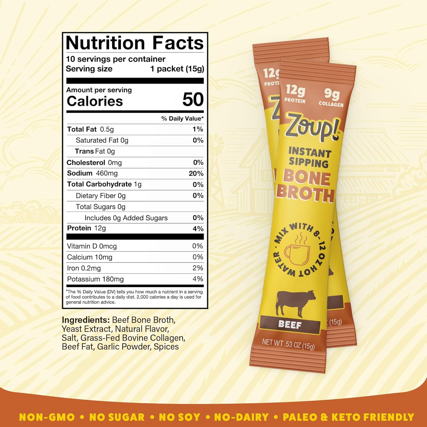 Zoup! Instant Sipping Bone Broth Mix - 12 Grams of Protein - Non-GMO - Bone Broth Protein Powder Packets To Go - Beef, .53 oz. (Pack of 20)&nbsp;