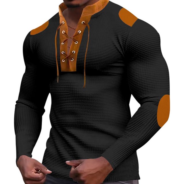 pstuiky Camisas casuales de manga larga para hombre, Camiseta de manga larga con cuello alto y cordón en el pecho para hombre, de estilo informal, con combinación de colores camisetas de hombre xxxl