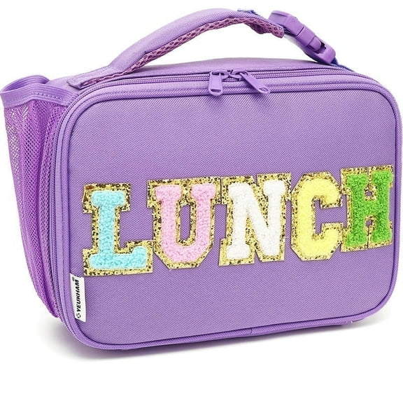 Lunch Box for Kids Boys Girls Men Women, Insulated Lunch Bag with Buckle Handle for School Work Picnic Travel, Reusable Leakproof Lunchbox Cooler - Chenille Letters, Purple