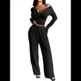 thumbnail image 2 of Conjuntos de Dos Piezas de Otoño para Mujer, Camiseta de Larga con Cuello en V y Pantalones Anchos, Conjuntos de Chándal Informal. Negro L, 2 of 8