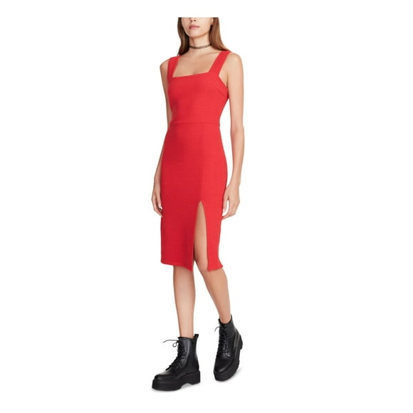 Betsey Johnson Womens Red Stretch Sleeveless Square Neck Midi Sheath Dress L